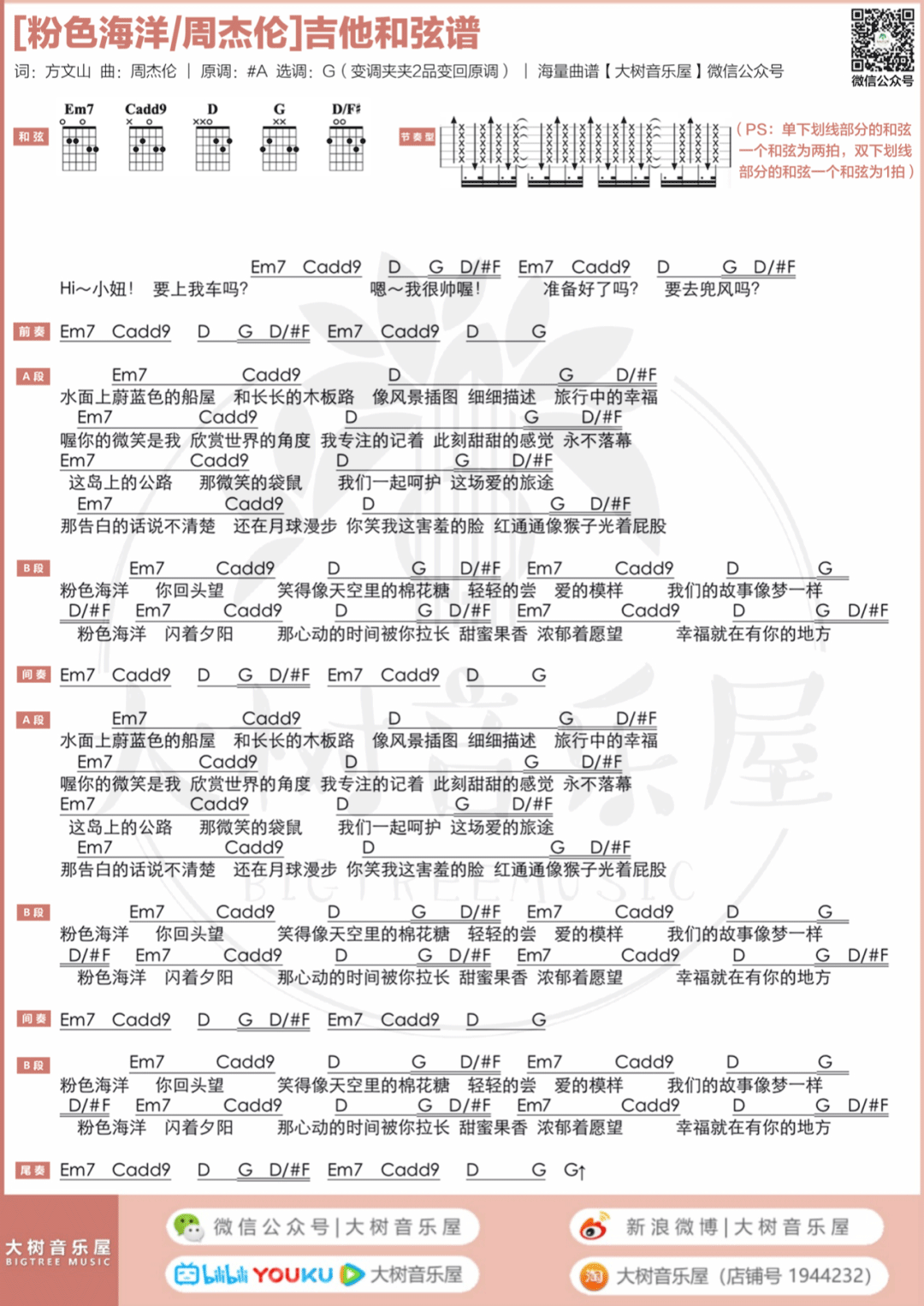 粉色海洋吉他谱_周杰伦新歌_G调和弦扫弦版-图片1
