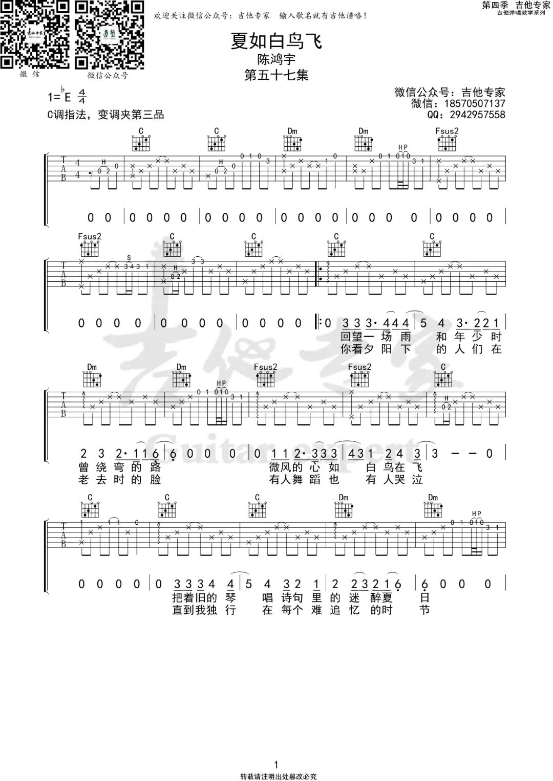 夏如白鸟飞吉他谱_陈鸿宇_C调和弦原版-图片1