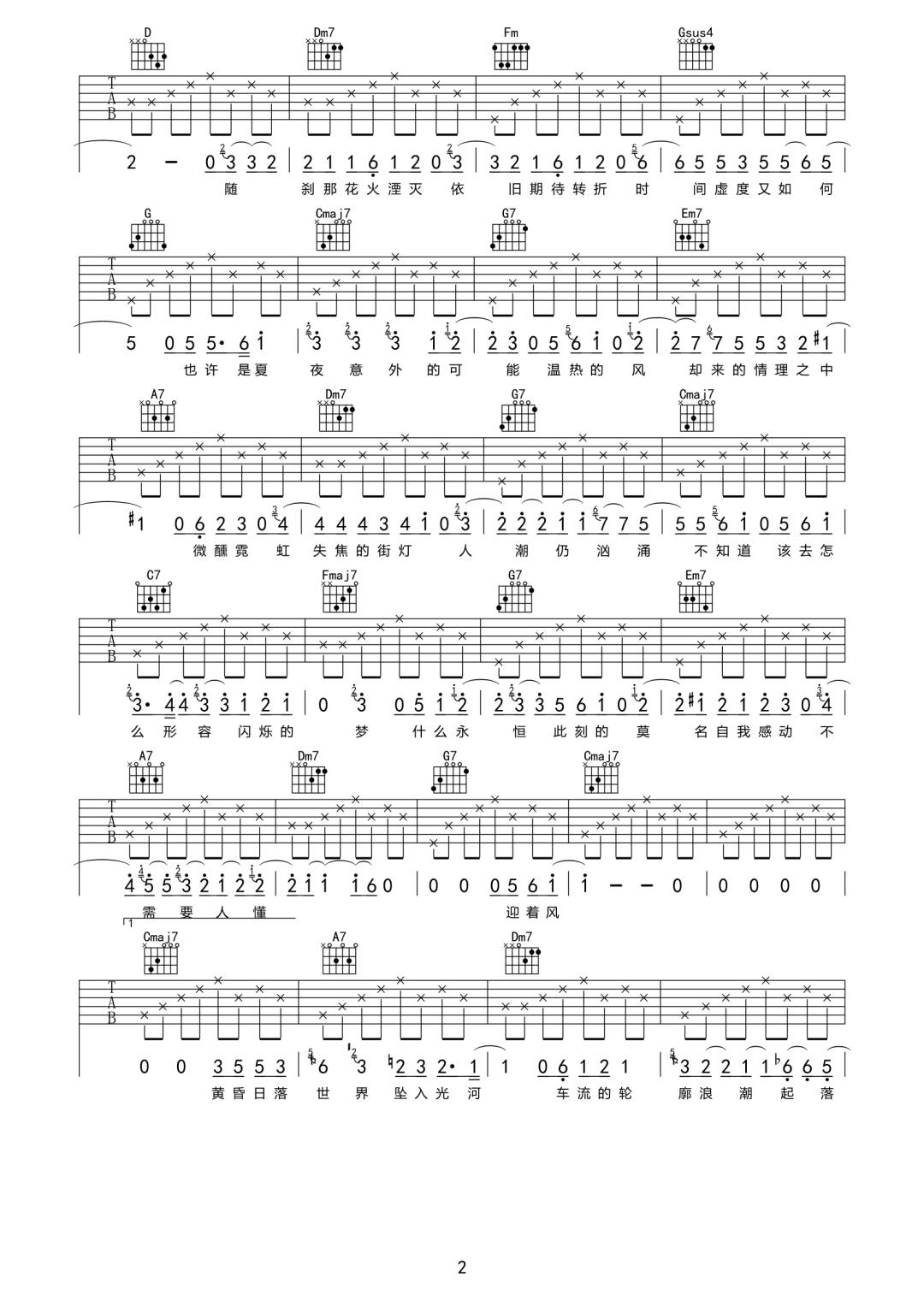没有名字的夜晚吉他谱_夏日入侵企画_C调单音原版-图片1