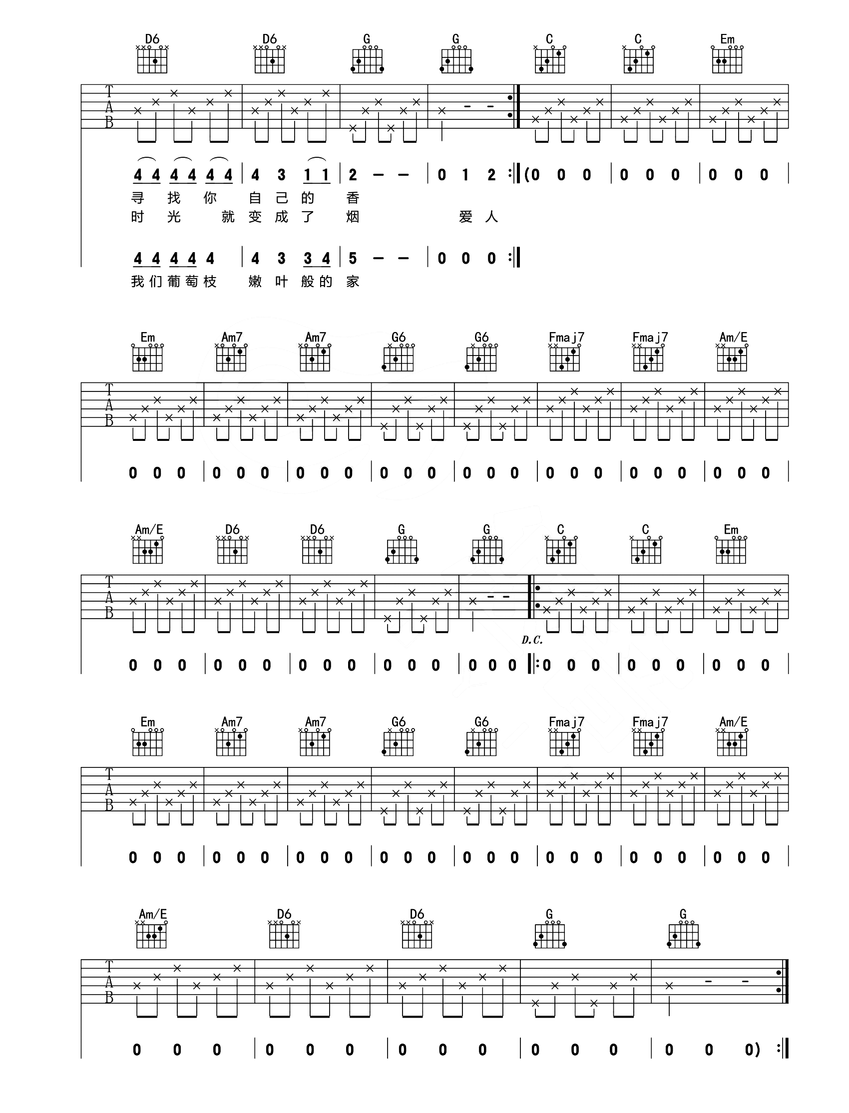 米店吉他谱_张玮玮_C调单音指法-图片1