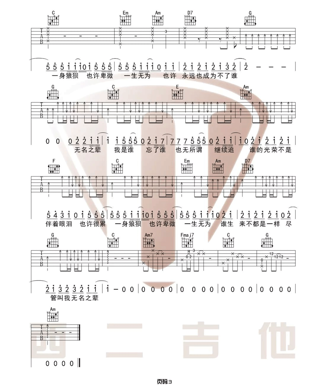 无名之辈吉他谱_陈雪燃_C调扫弦原版-图片1