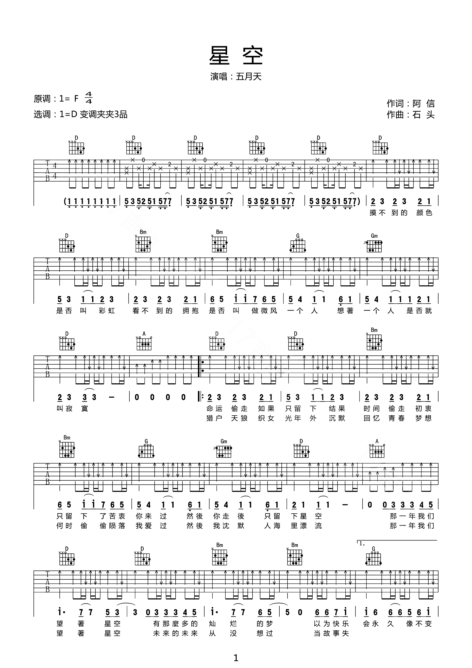 星空吉他谱_五月天_D调演奏指法原版-图片1