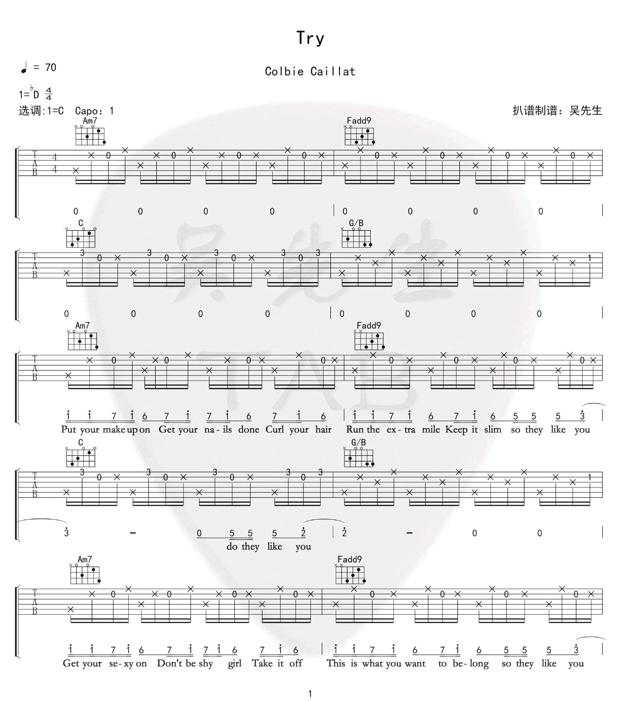 Try吉他谱_Colbie Caillat_C调单音原版-图片1