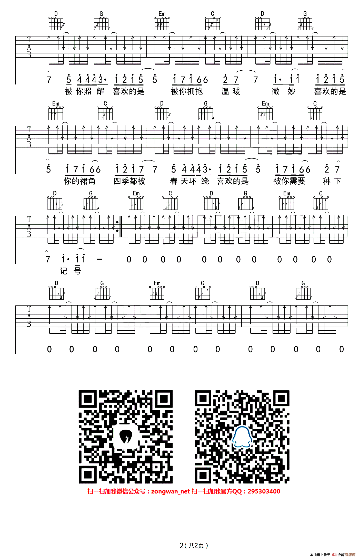 多喜欢你吉他谱_小贱_G调单音指法-图片1