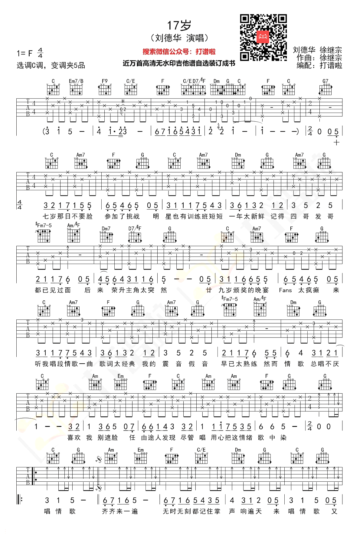 十七岁吉他谱_刘德华_C调调弦指法原版-图片1