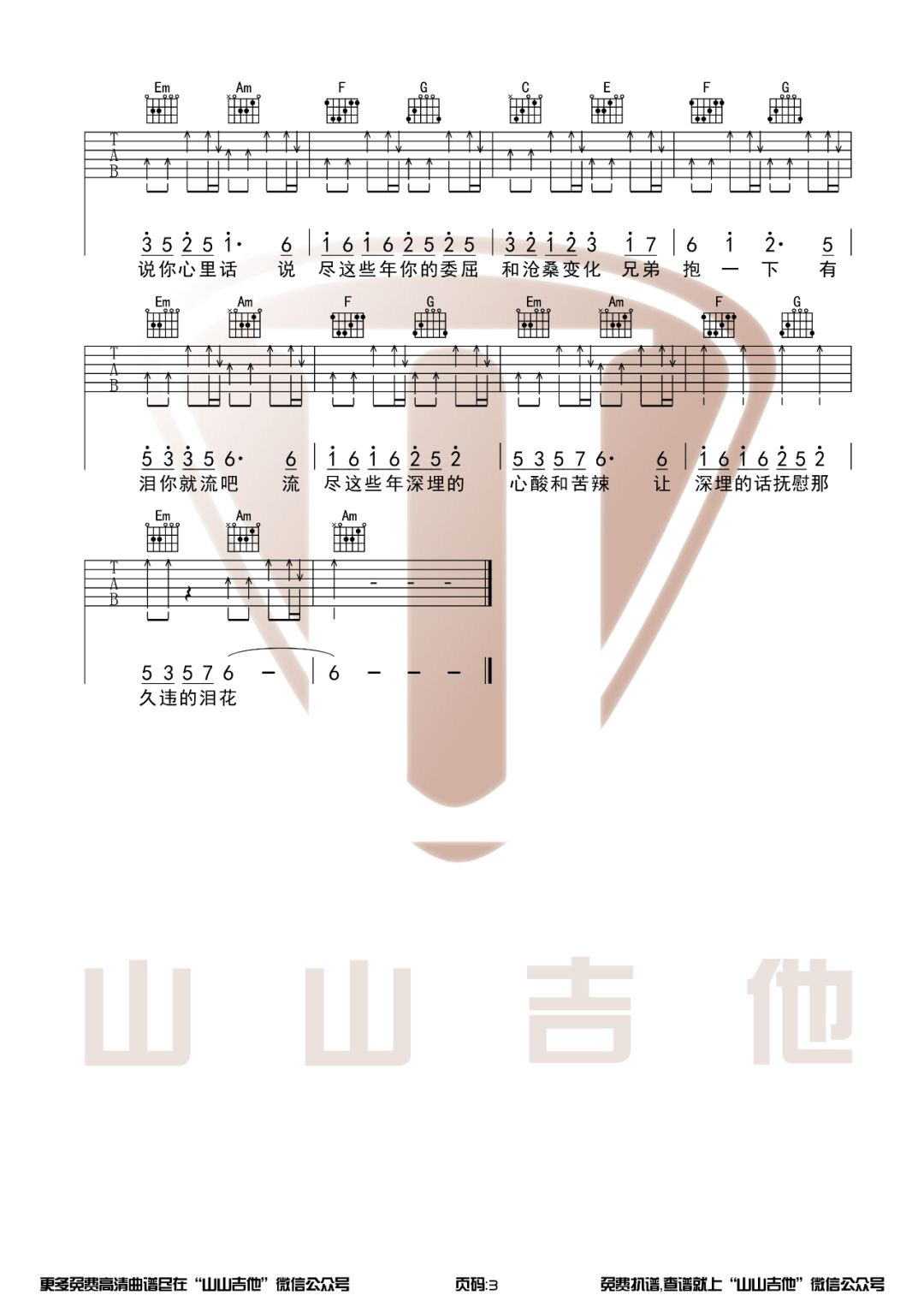 兄弟抱一下吉他谱_庞龙_C调扫弦指法扫弦版-图片1
